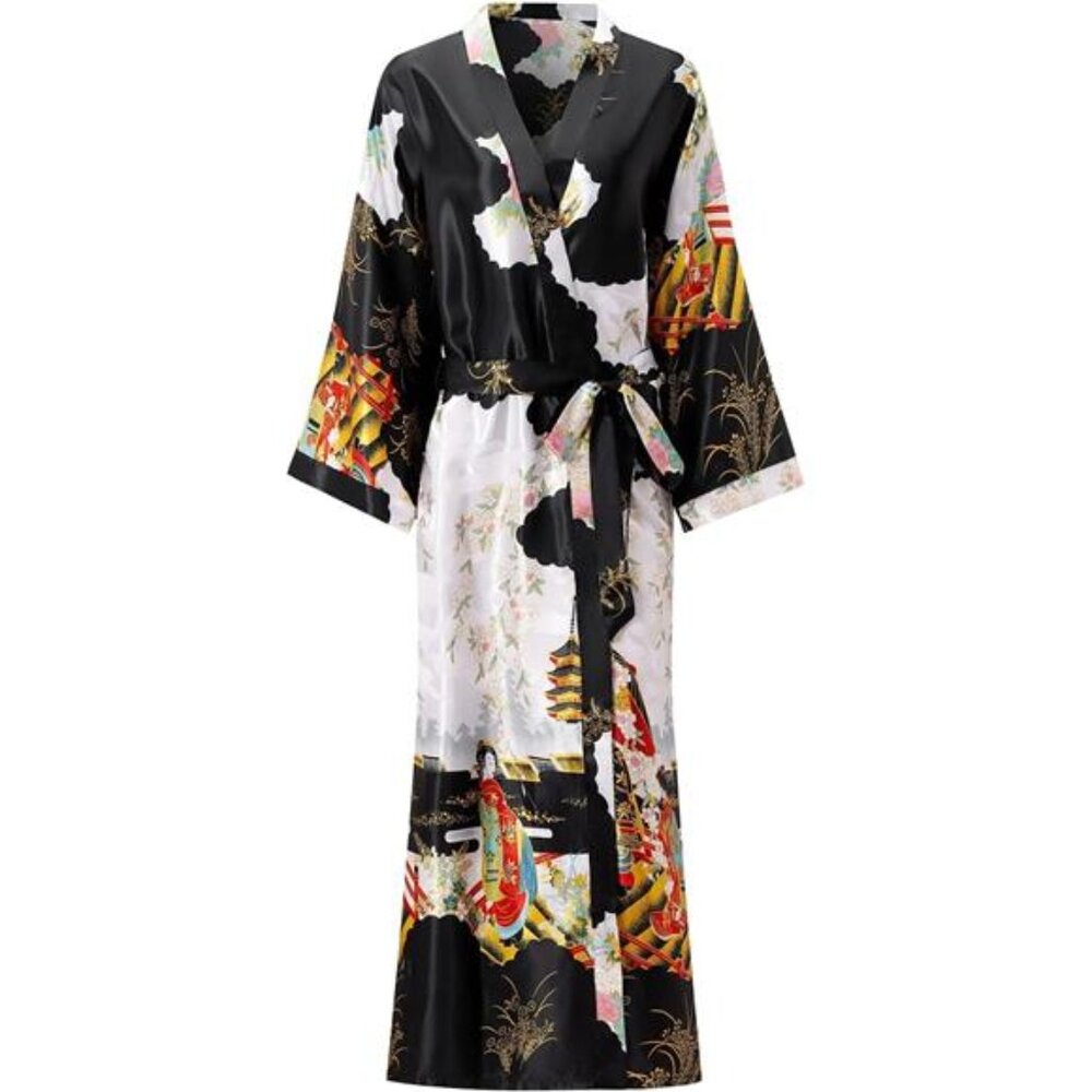 Women's Floral Long Satin Robes Plus Size Long Silk Robes Peacock Floral